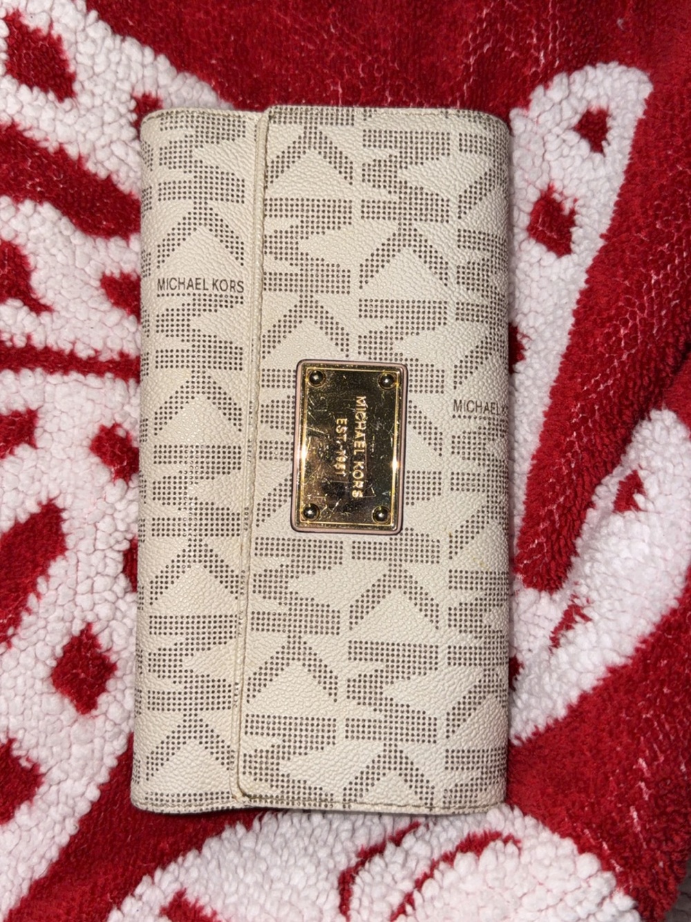 Michael Kors Cream Logo Continental Wallet with Gold Plaque
